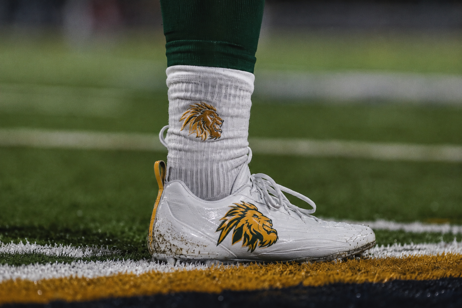 A collegiate athlete's football cleat planted on the field